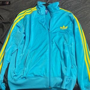 Adidas Men's Teal Jacket with Yellow Stripes
